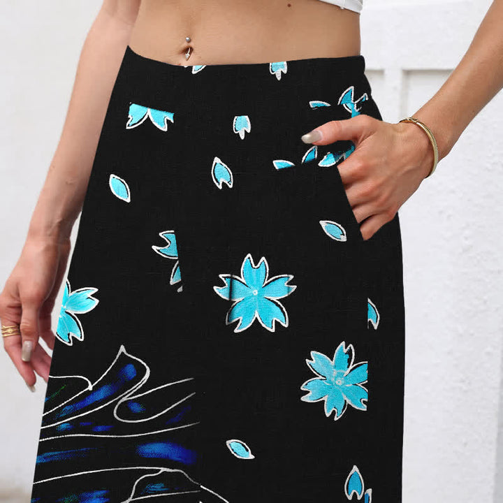 Buddha Stones Pantalones de mujer de algodón y lino con estampado floral de peces koi, cintura elástica y pernera ancha con bolsillos. - image 2