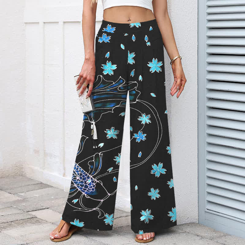 Buddha Stones Pantalones de mujer de algodón y lino con estampado floral de peces koi, cintura elástica y pernera ancha con bolsillos. - image 1