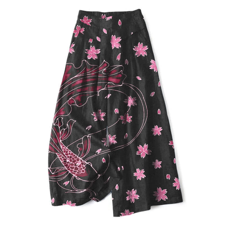 Buddha Stones Pantalones de mujer de algodón y lino con estampado floral de peces koi, cintura elástica y pernera ancha con bolsillos. - Rojo violeta pálido - US16，UK/AU20，EU48 (3XL) - image 5