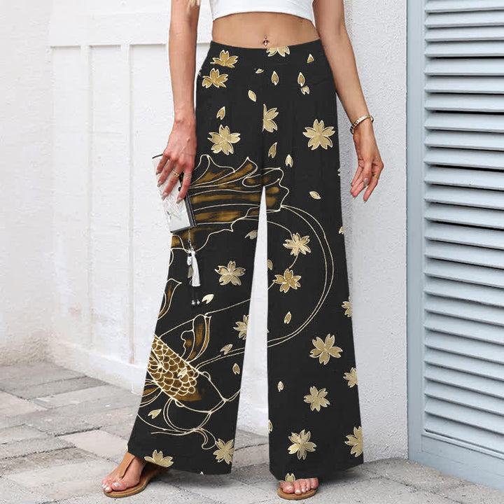Buddha Stones Pantalones de mujer de algodón y lino con estampado floral de peces koi, cintura elástica y pernera ancha con bolsillos. - image 8
