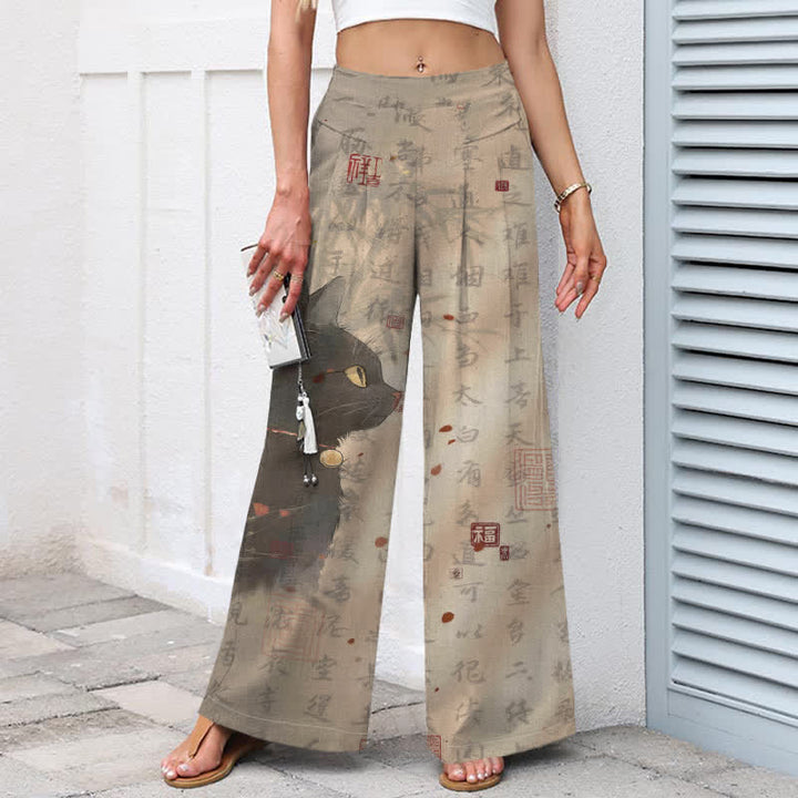 Buddha Stones Pantalones de mujer de algodón y lino con estampado de gato caligráfico, cintura elástica y pernera ancha con bolsillos. - image 1