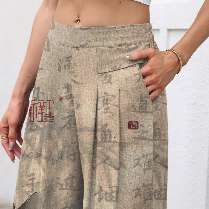 Buddha Stones Pantalones de mujer de algodón y lino con estampado de gato caligráfico, cintura elástica y pernera ancha con bolsillos. - image 2