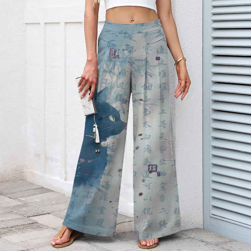 Buddha Stones Pantalones de mujer de algodón y lino con estampado de gato caligráfico, cintura elástica y pernera ancha con bolsillos. - image 6