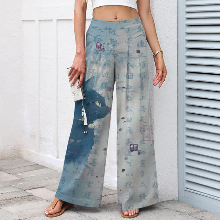 Buddha Stones Pantalones de mujer de algodón y lino con estampado de gato caligráfico, cintura elástica y pernera ancha con bolsillos. - image 6