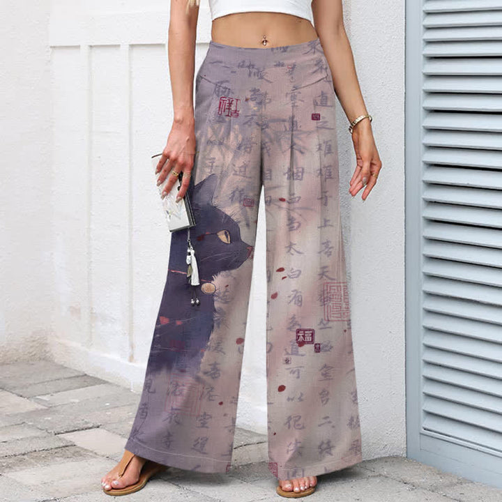 Buddha Stones Pantalones de mujer de algodón y lino con estampado de gato caligráfico, cintura elástica y pernera ancha con bolsillos. - image 8