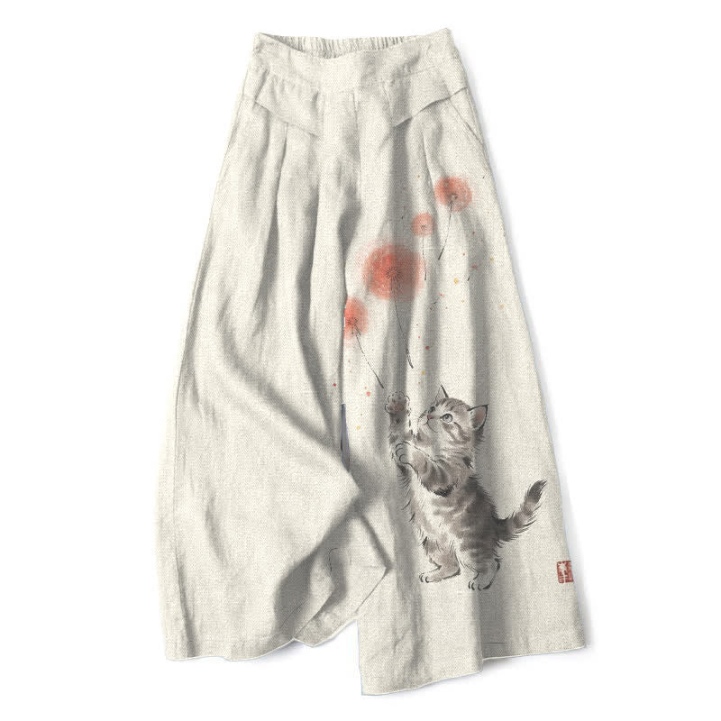 Buddha Stones Pantalones de mujer de algodón y lino con estampado floral de gatos en acuarela, cintura elástica y pernera ancha con bolsillos. - Marfil - US16，UK/AU20，EU48 (3XL) - image 0