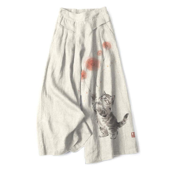Buddha Stones Pantalones de mujer de algodón y lino con estampado floral de gatos en acuarela, cintura elástica y pernera ancha con bolsillos. - Marfil - US16，UK/AU20，EU48 (3XL) - image 0