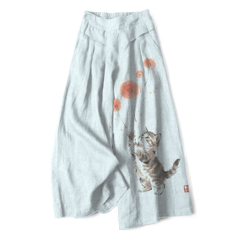 Buddha Stones Pantalones de mujer de algodón y lino con estampado floral de gatos en acuarela, cintura elástica y pernera ancha con bolsillos. - AliciaAzul - US16，UK/AU20，EU48 (3XL) - image 5