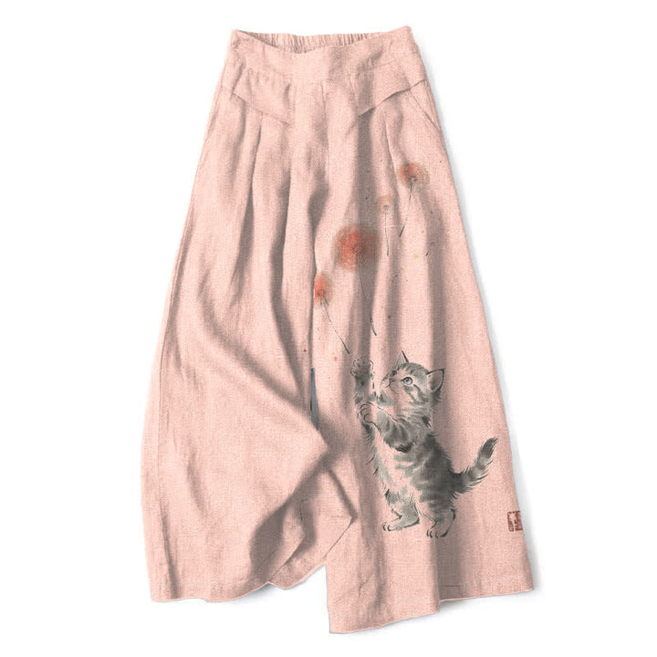Buddha Stones Pantalones de mujer de algodón y lino con estampado floral de gatos en acuarela, cintura elástica y pernera ancha con bolsillos. - PeachPuff - US16，UK/AU20，EU48 (3XL) - image 7