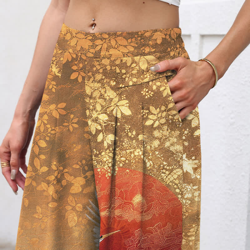 Buddha Stones Pantalones de mujer de algodón y lino con estampado floral de grullas, cintura elástica y pernera ancha con bolsillos. - image 2