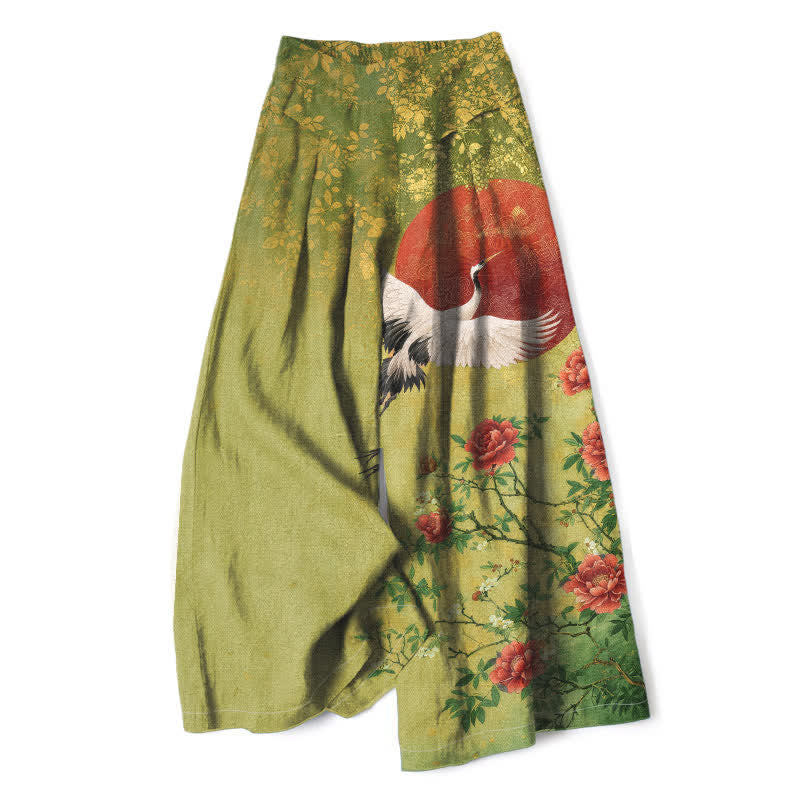 Buddha Stones Pantalones de mujer de algodón y lino con estampado floral de grullas, cintura elástica y pernera ancha con bolsillos. - Verde amarillento - US16，UK/AU20，EU48 (3XL) - image 5
