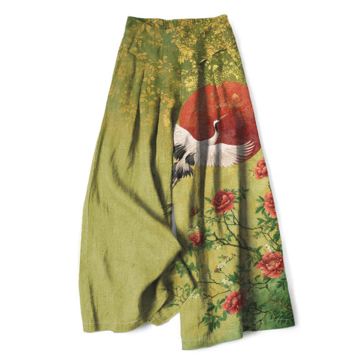 Buddha Stones Pantalones de mujer de algodón y lino con estampado floral de grullas, cintura elástica y pernera ancha con bolsillos. - Verde amarillento - US16，UK/AU20，EU48 (3XL) - image 5