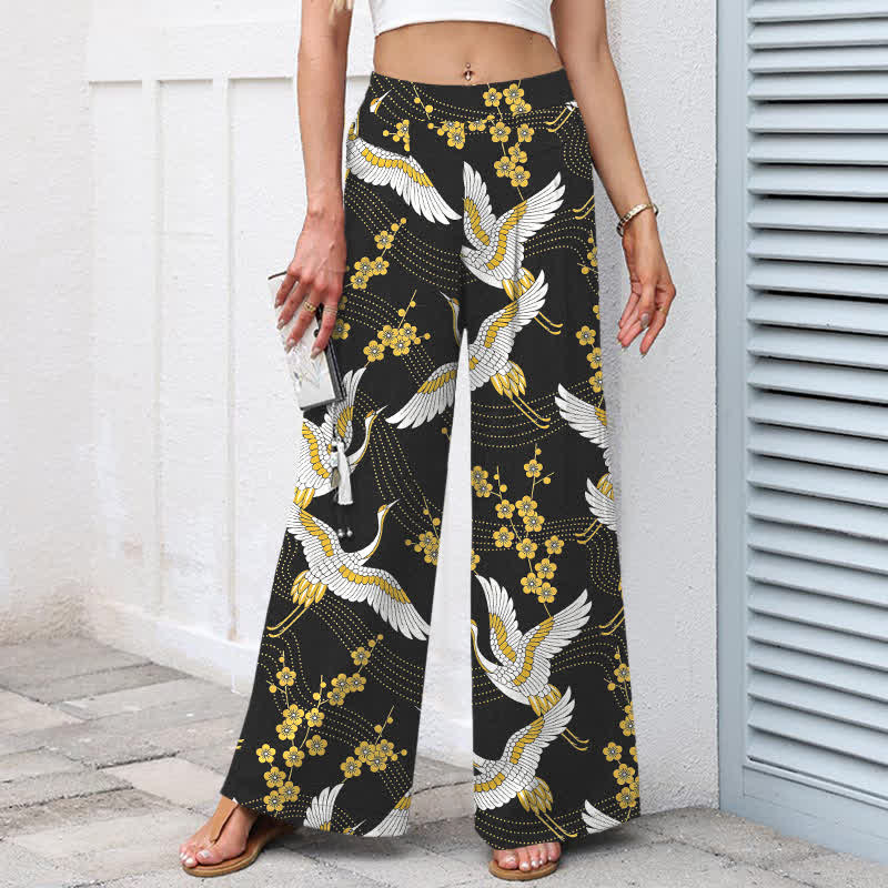 Buddha Stones Pantalones de mujer de lino y algodón con estampado de grullas y flores, cintura elástica, pernera ancha y bolsillos. - image 1