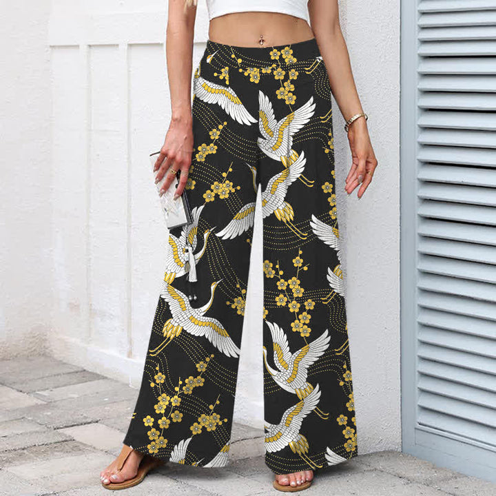Buddha Stones Pantalones de mujer de lino y algodón con estampado de grullas y flores, cintura elástica, pernera ancha y bolsillos. - image 1