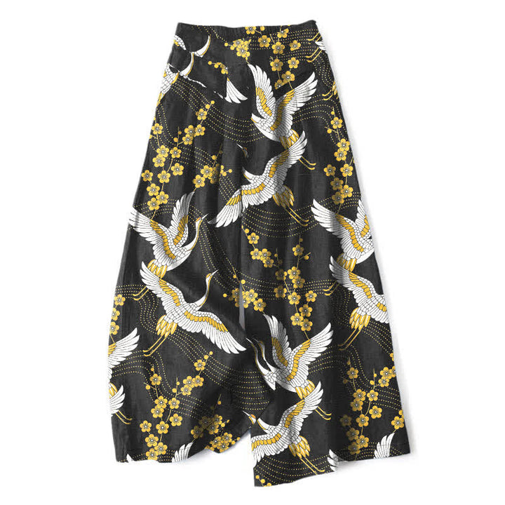 Buddha Stones Pantalones de mujer de lino y algodón con estampado de grullas y flores, cintura elástica, pernera ancha y bolsillos. - Negro - US16，UK/AU20，EU48 (3XL) - image 0