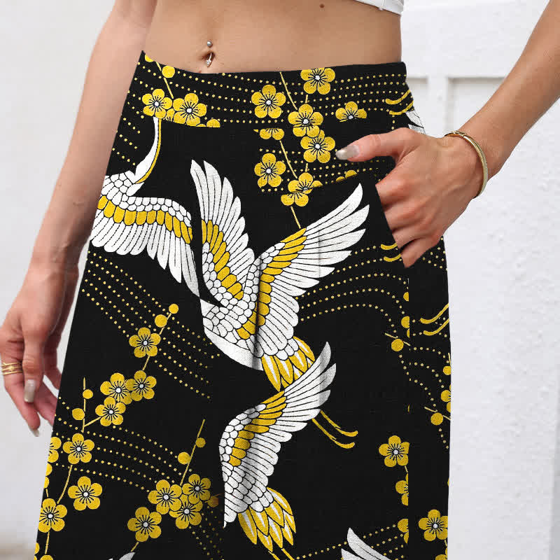 Buddha Stones Pantalones de mujer de lino y algodón con estampado de grullas y flores, cintura elástica, pernera ancha y bolsillos. - image 2