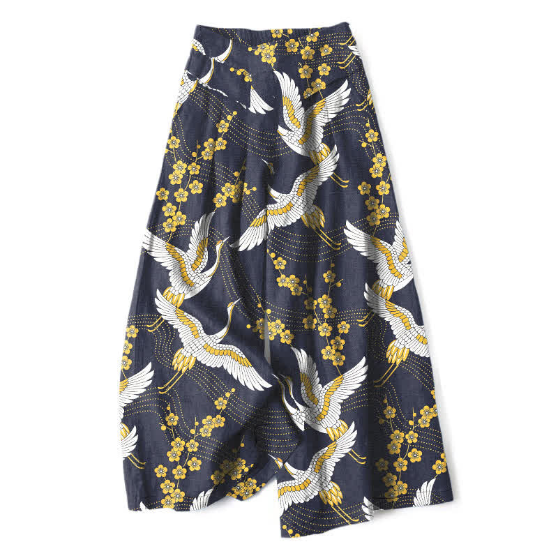 Buddha Stones Pantalones de mujer de lino y algodón con estampado de grullas y flores, cintura elástica, pernera ancha y bolsillos. - Marina de guerra - US16，UK/AU20，EU48 (3XL) - image 5