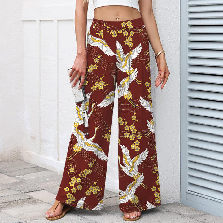 Buddha Stones Pantalones de mujer de lino y algodón con estampado de grullas y flores, cintura elástica, pernera ancha y bolsillos. - image 8
