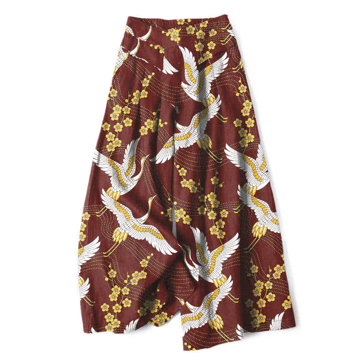 Buddha Stones Pantalones de mujer de lino y algodón con estampado de grullas y flores, cintura elástica, pernera ancha y bolsillos. - Granate - US16，UK/AU20，EU48 (3XL) - image 7