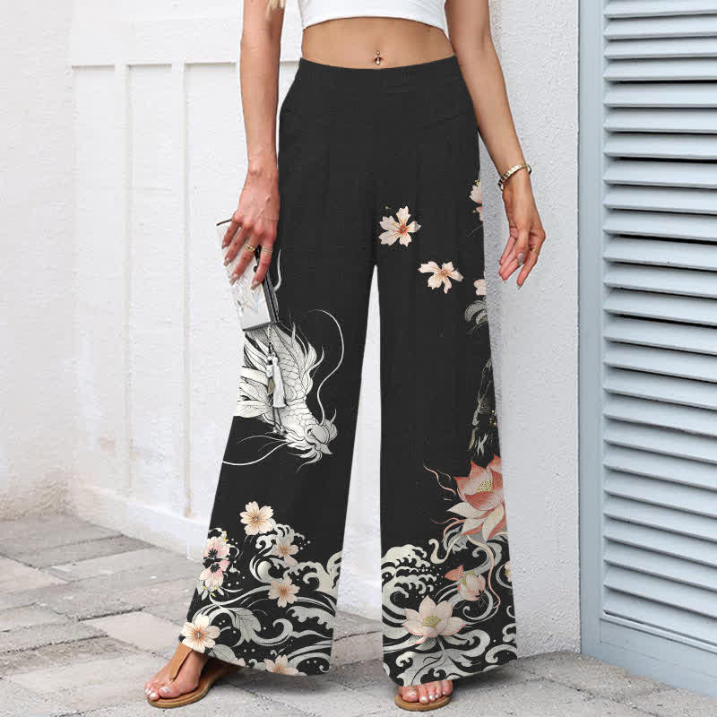 Buddha Stones Pantalones de mujer de lino y algodón con estampado de dragón oriental, cintura elástica y pernera ancha con bolsillos. - image 1