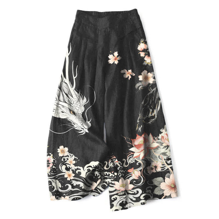 Buddha Stones Pantalones de mujer de lino y algodón con estampado de dragón oriental, cintura elástica y pernera ancha con bolsillos. - Negro - US16，UK/AU20，EU48 (3XL) - image 0