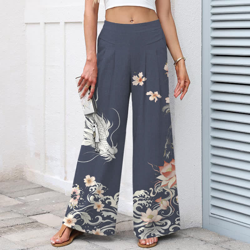 Buddha Stones Pantalones de mujer de lino y algodón con estampado de dragón oriental, cintura elástica y pernera ancha con bolsillos. - image 6