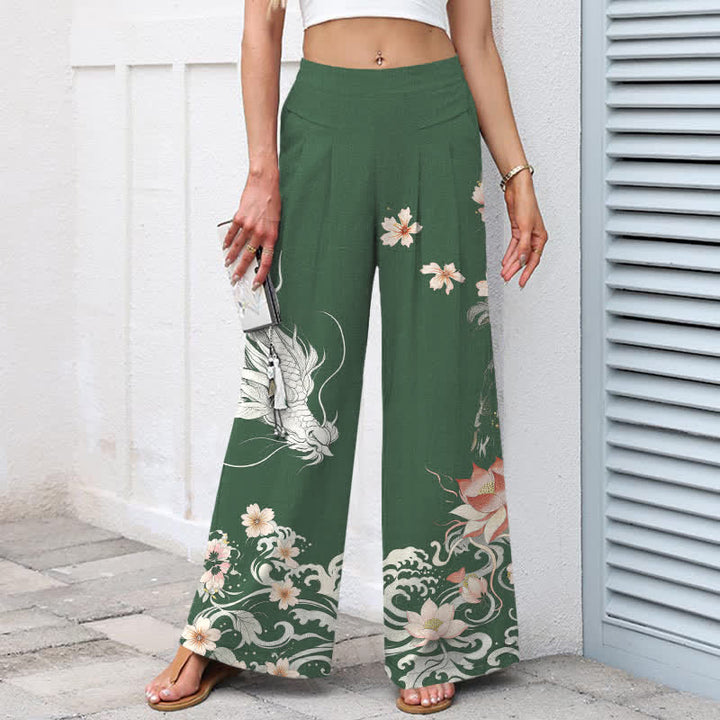 Buddha Stones Pantalones de mujer de lino y algodón con estampado de dragón oriental, cintura elástica y pernera ancha con bolsillos. - image 8