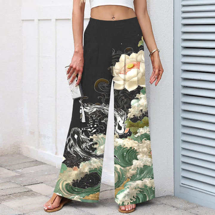 Buddha Stones Pantalones de mujer de algodón y lino con estampado de loto, carpa koi y olas, cintura elástica, pernera ancha y bolsillos. - image 1