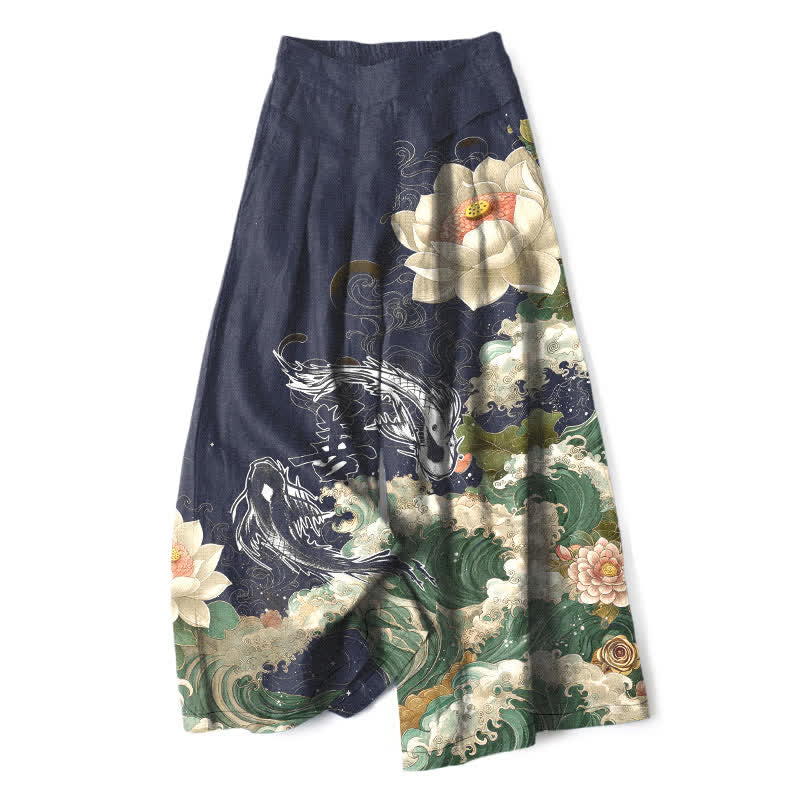 Buddha Stones Pantalones de mujer de algodón y lino con estampado de loto, carpa koi y olas, cintura elástica, pernera ancha y bolsillos. - Marina de guerra - US16，UK/AU20，EU48 (3XL) - image 5