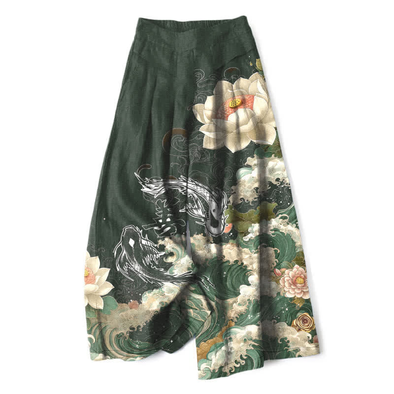 Buddha Stones Pantalones de mujer de algodón y lino con estampado de loto, carpa koi y olas, cintura elástica, pernera ancha y bolsillos. - Verde oscuro - US16，UK/AU20，EU48 (3XL) - image 7