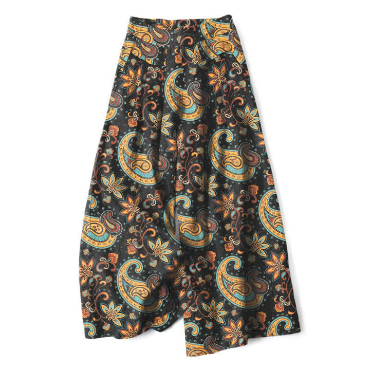 Buddha Stones Pantalones de mujer de algodón y lino con estampado floral paisley estilo bohemio, cintura elástica y pernera ancha con bolsillos. - Negro - US16，UK/AU20，EU48 (3XL) - image 0