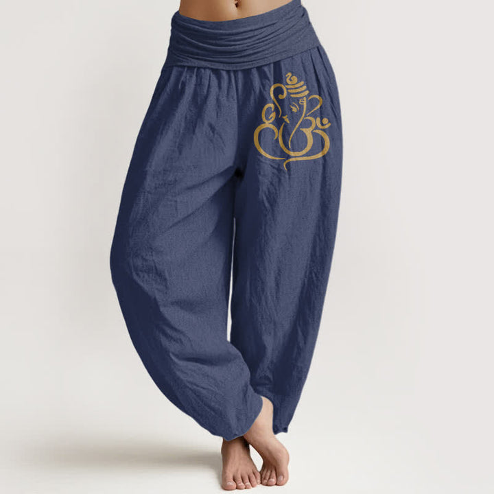 Buddha Stones Pantalones harem de mujer con cintura elástica y estampado de Ganesha dorado, de algodón puro. - Azul pizarra oscuro - US16，UK/AU20，EU48 (3XL) - image 5