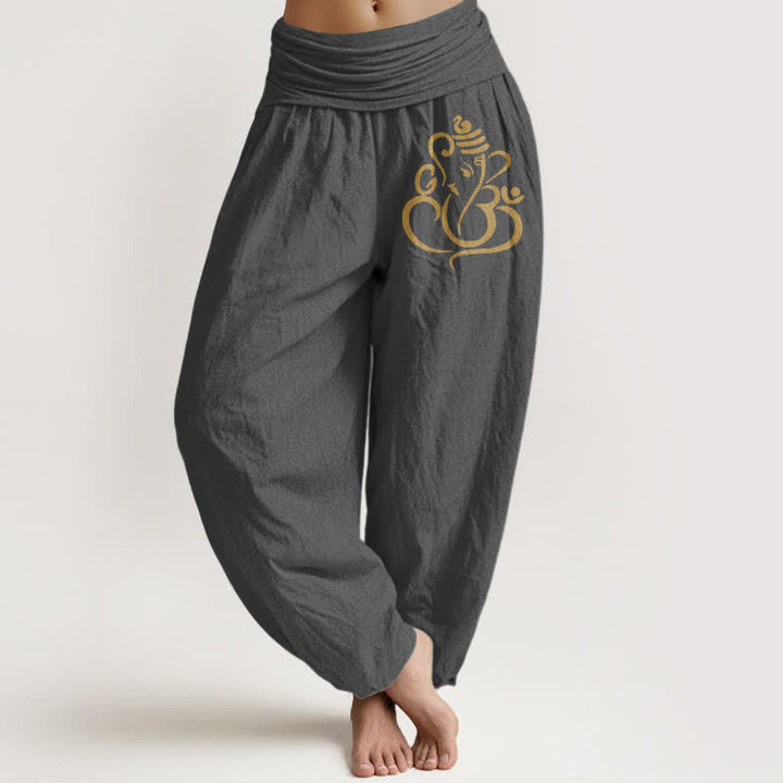 Buddha Stones Pantalones harem de mujer con cintura elástica y estampado de Ganesha dorado, de algodón puro. - Gris oscuro - US16，UK/AU20，EU48 (3XL) - image 8