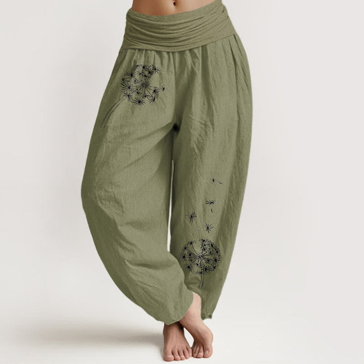 Buddha Stones Pantalones harem de mujer con cintura elástica y estampado de semillas de diente de león, de algodón puro. - Verde oliva - US16，UK/AU20，EU48 (3XL) - image 11