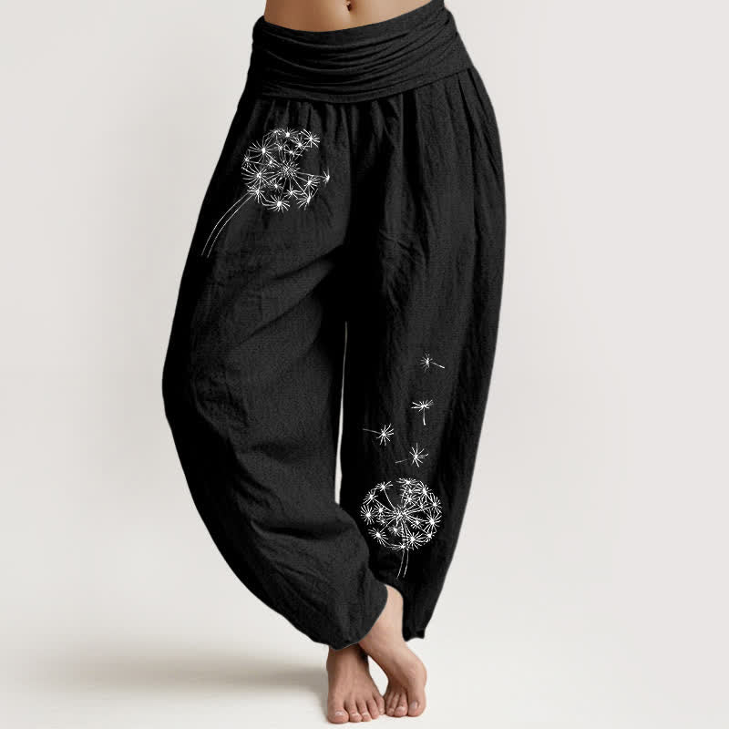 Buddha Stones Pantalones harem de mujer con cintura elástica y estampado de semillas de diente de león, de algodón puro. - Negro - US16，UK/AU20，EU48 (3XL) - image 5