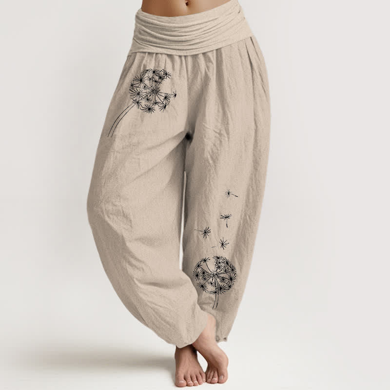 Buddha Stones Pantalones harem de mujer con cintura elástica y estampado de semillas de diente de león, de algodón puro. - Broncearse - US16，UK/AU20，EU48 (3XL) - image 14