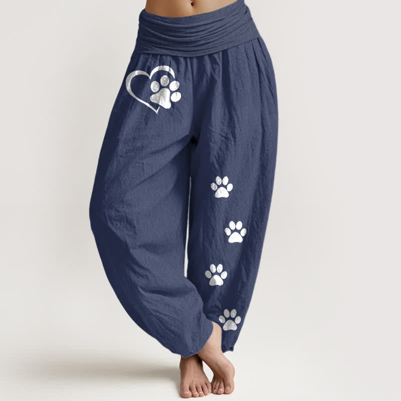 Buddha Stones Pantalones harem de algodón puro con estampado de huellas de patas y corazones para mujer, cintura elástica. - Azul pizarra oscuro - US16，UK/AU20，EU48 (3XL) - image 5