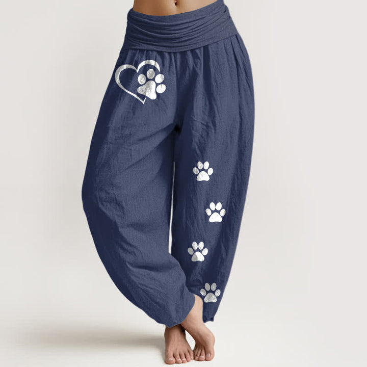 Buddha Stones Pantalones harem de algodón puro con estampado de huellas de patas y corazones para mujer, cintura elástica. - Azul pizarra oscuro - US16，UK/AU20，EU48 (3XL) - image 5