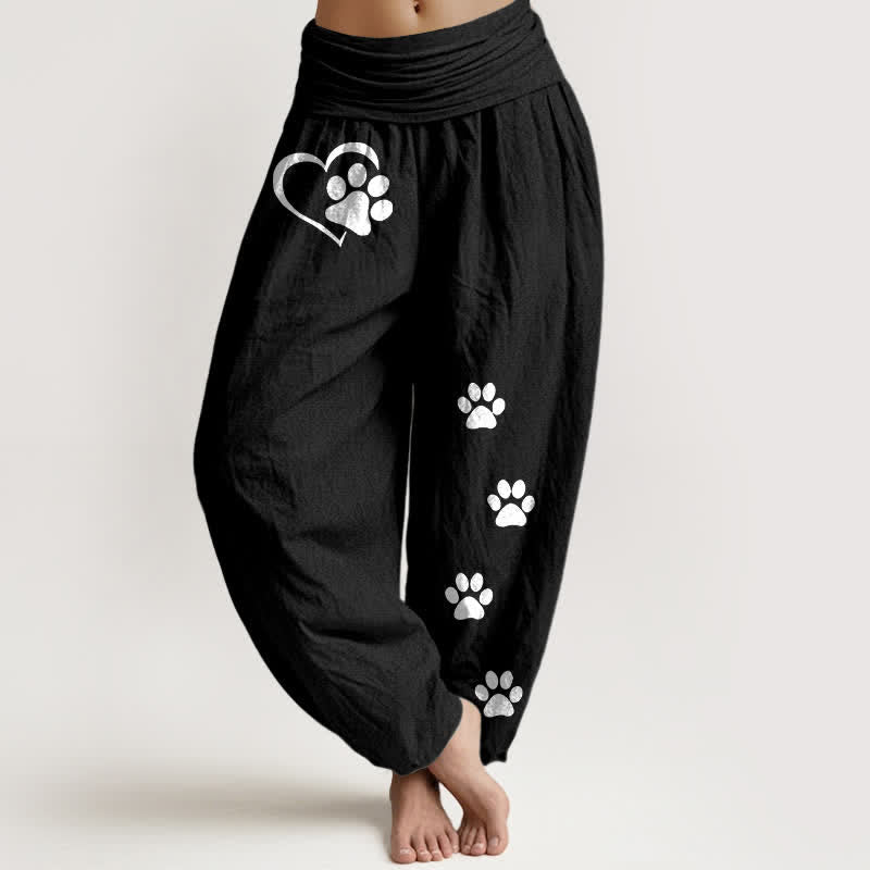 Buddha Stones Pantalones harem de algodón puro con estampado de huellas de patas y corazones para mujer, cintura elástica. - Negro - US16，UK/AU20，EU48 (3XL) - image 0