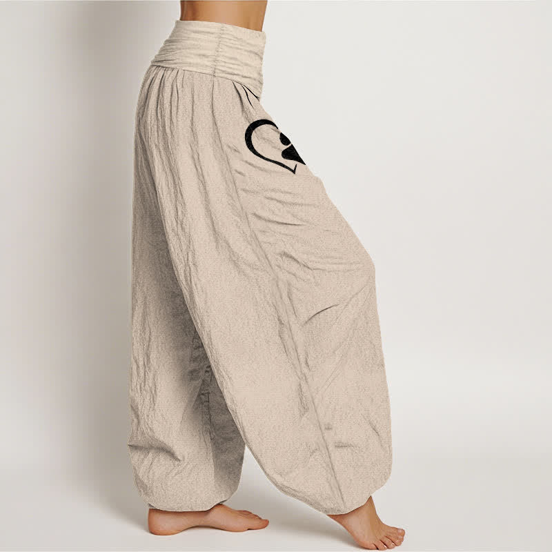 Buddha Stones Pantalones harem de algodón puro con estampado de huellas de patas y corazones para mujer, cintura elástica. - image 16