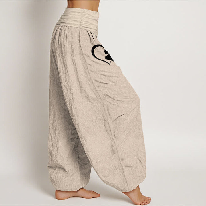 Buddha Stones Pantalones harem de algodón puro con estampado de huellas de patas y corazones para mujer, cintura elástica. - image 16