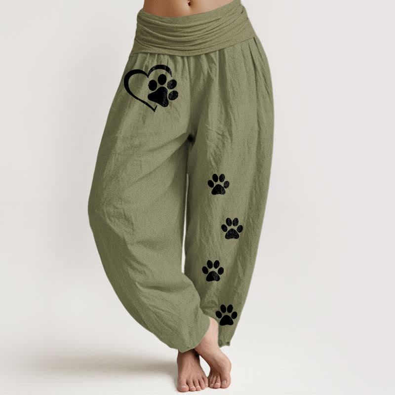 Buddha Stones Pantalones harem de algodón puro con estampado de huellas de patas y corazones para mujer, cintura elástica. - Verde oliva - US16，UK/AU20，EU48 (3XL) - image 11