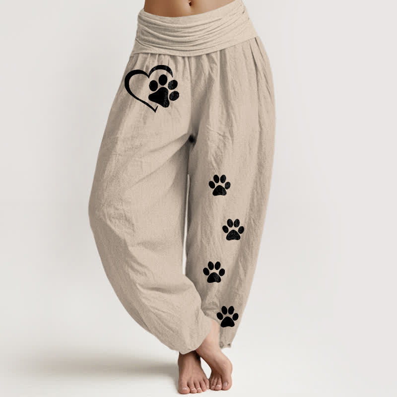 Buddha Stones Pantalones harem de algodón puro con estampado de huellas de patas y corazones para mujer, cintura elástica. - Broncearse - US16，UK/AU20，EU48 (3XL) - image 14
