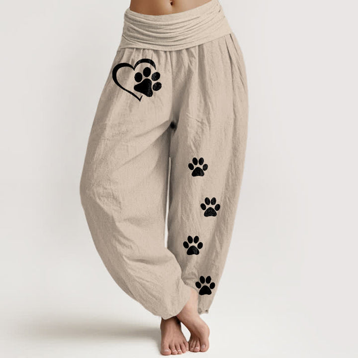 Buddha Stones Pantalones harem de algodón puro con estampado de huellas de patas y corazones para mujer, cintura elástica. - Broncearse - US16，UK/AU20，EU48 (3XL) - image 14