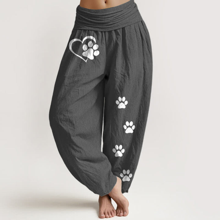 Buddha Stones Pantalones harem de algodón puro con estampado de huellas de patas y corazones para mujer, cintura elástica. - Gris oscuro - US16，UK/AU20，EU48 (3XL) - image 8