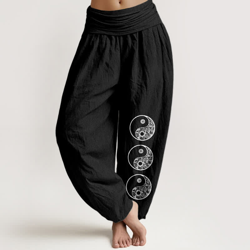 Buddha Stones Pantalones harem de algodón puro con estampado Yin Yang y cintura elástica para mujer. - Negro - US16，UK/AU20，EU48 (3XL) - image 5