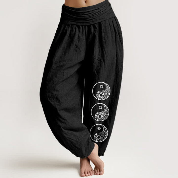 Buddha Stones Pantalones harem de algodón puro con estampado Yin Yang y cintura elástica para mujer. - Negro - US16，UK/AU20，EU48 (3XL) - image 5