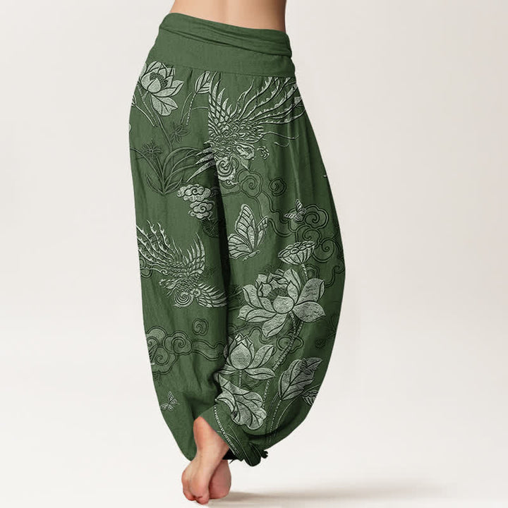 Buddha Stones Pantalones harem de algodón con estampado de pájaro loto y cintura elástica para mujer. - image 1