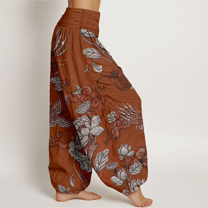 Buddha Stones Pantalones harem de algodón con estampado de pájaro loto y cintura elástica para mujer. - image 10