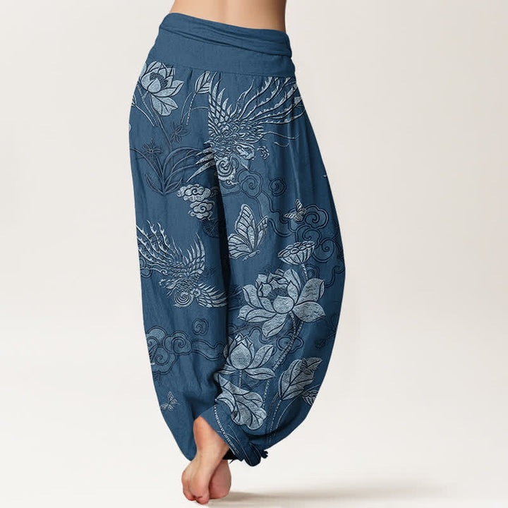 Buddha Stones Pantalones harem de algodón con estampado de pájaro loto y cintura elástica para mujer. - image 6